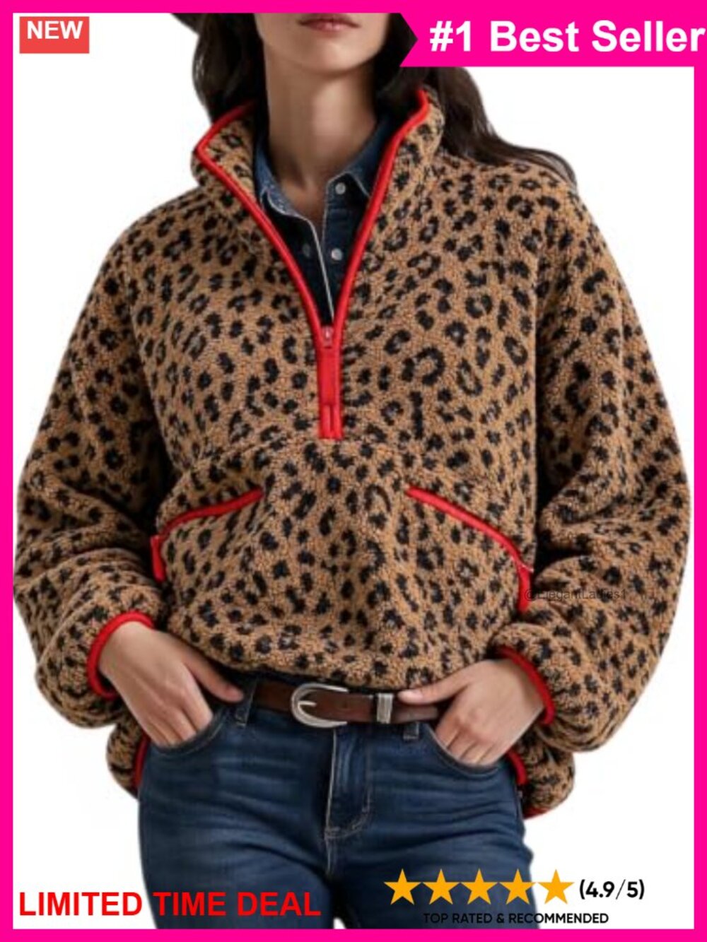 Leopard Print Sherpa Fleece Quarter Zip Pullover Sweatshirt Zipper Pockets